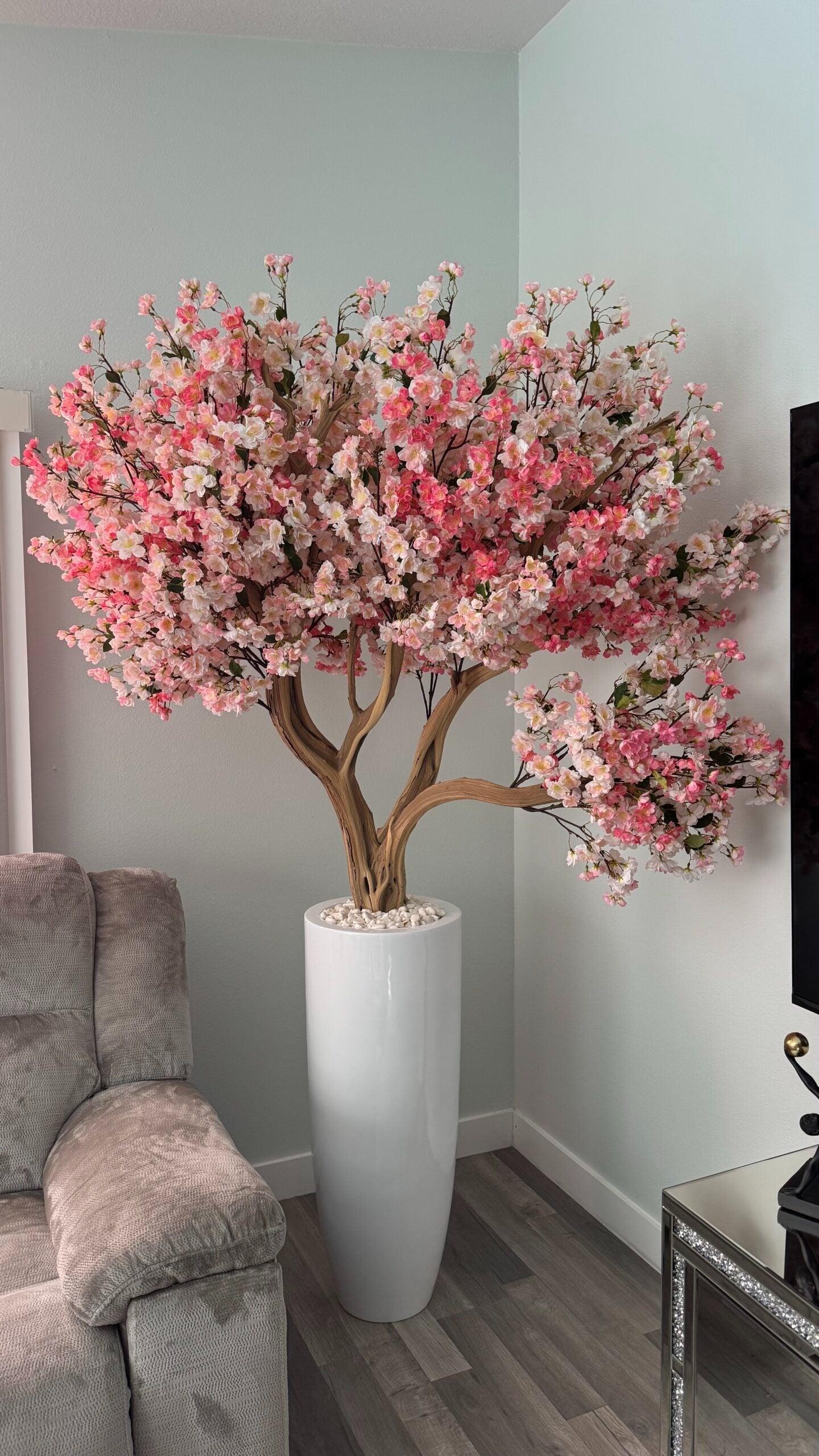 Rosa Kirschblüte in einer hohen weißen Vase